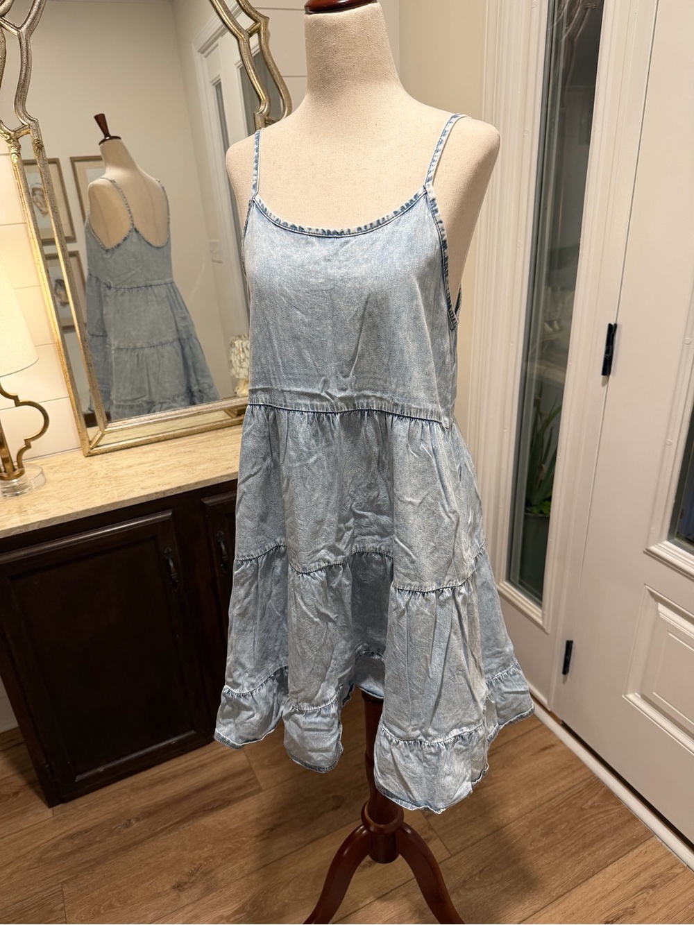 Amazon Light Blue Denim-Look Tiered Mini Dress